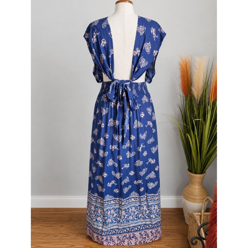 NATURAL LIFE Nadia Blue Paisley Floral Tie Back Halter Maxi Dress SZ XL Boho - Picture 4 of 8